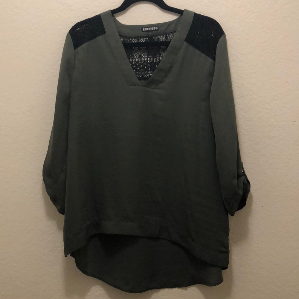 Express Olive Green Tunic Blouse with Black Lace